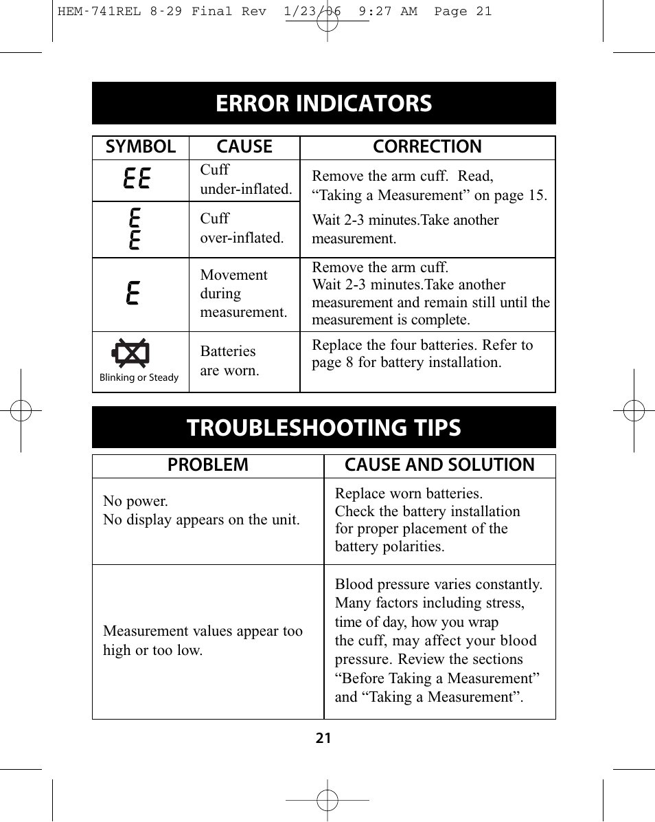 Error indicators, Troubleshooting tips | Omron Healthcare HEM-741CREL User Manual | Page 21 / 56