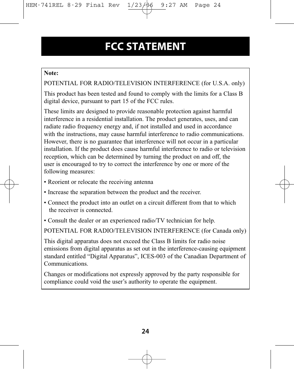 Fcc statement | Omron Healthcare HEM-741CREL User Manual | Page 24 / 56