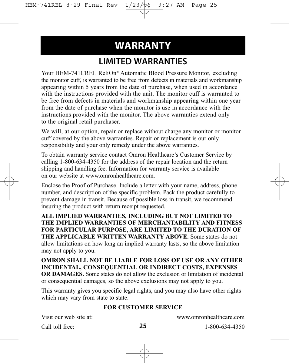 Warranty, Limited warranties | Omron Healthcare HEM-741CREL User Manual | Page 25 / 56