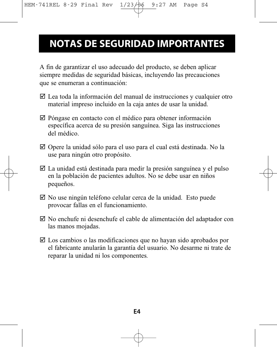 Notas de seguridad importantes | Omron Healthcare HEM-741CREL User Manual | Page 32 / 56