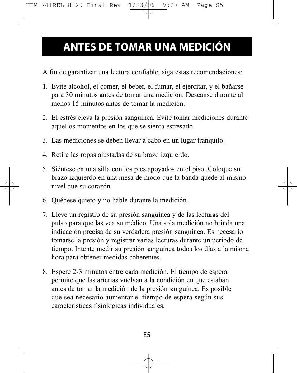 Antes de tomar una medición | Omron Healthcare HEM-741CREL User Manual | Page 33 / 56