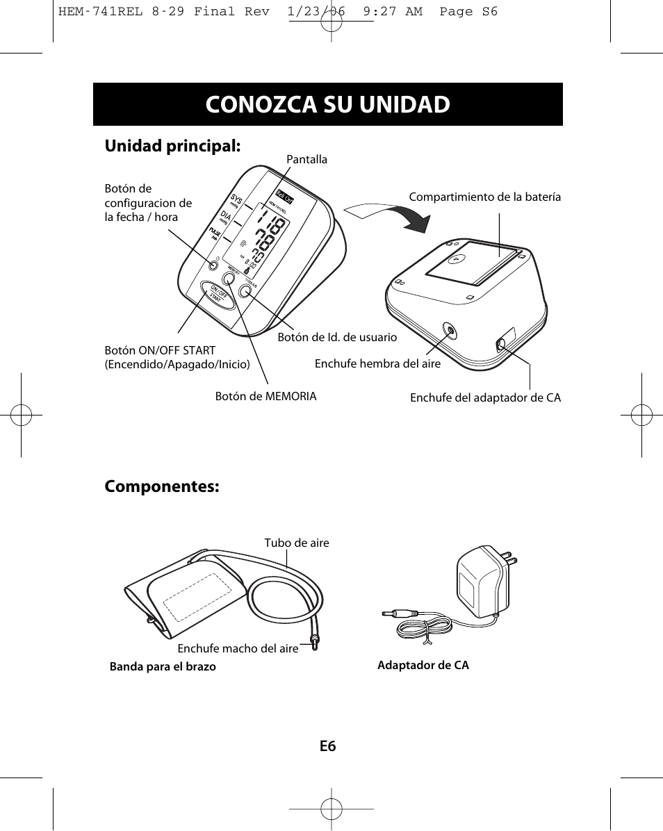 Conozca su unidad, Unidad principal, Componentes | Omron Healthcare HEM-741CREL User Manual | Page 34 / 56