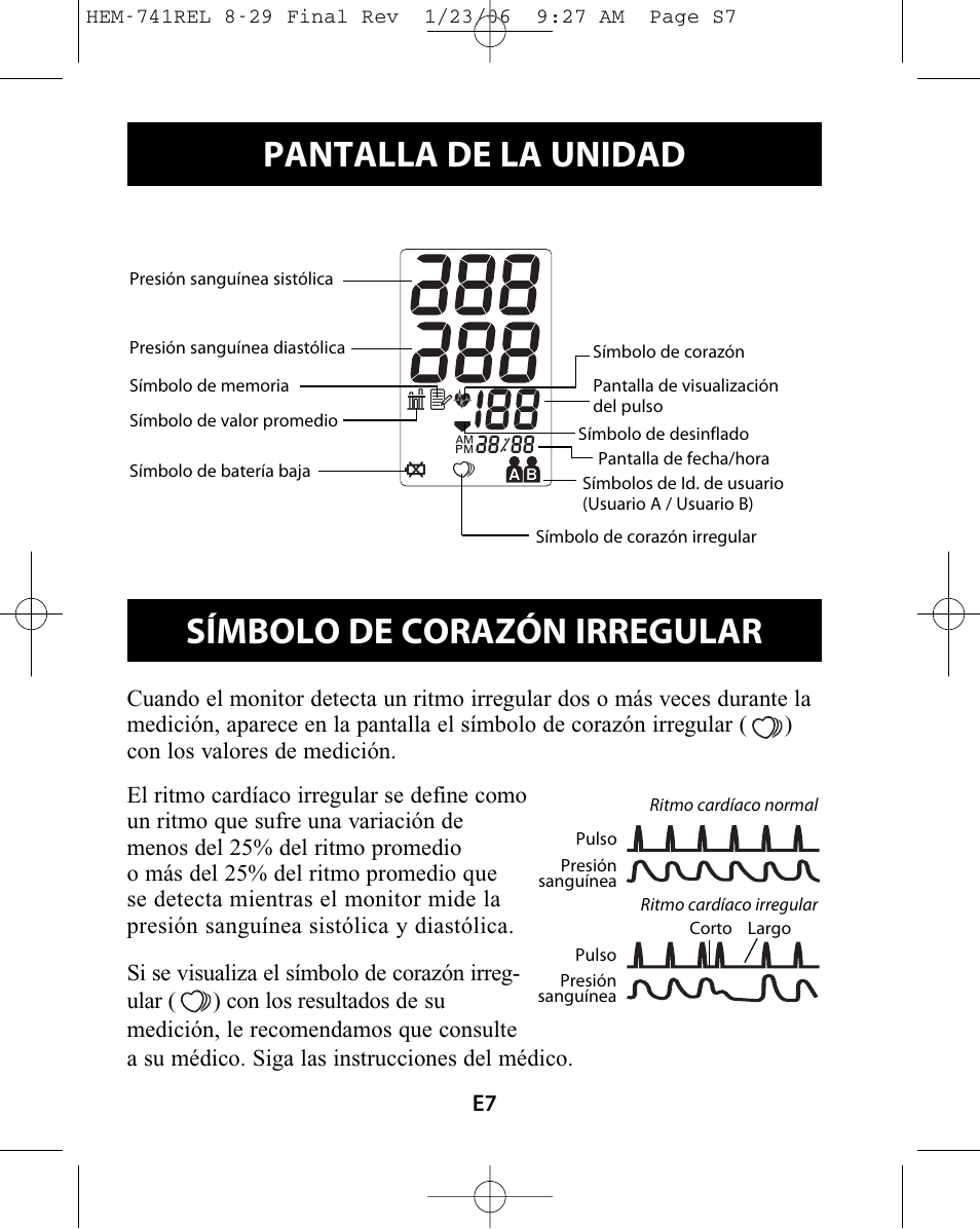 Pantalla de la unidad, Símbolo de corazón irregular | Omron Healthcare HEM-741CREL User Manual | Page 35 / 56