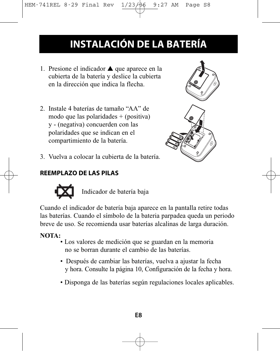 Instalación de la batería | Omron Healthcare HEM-741CREL User Manual | Page 36 / 56