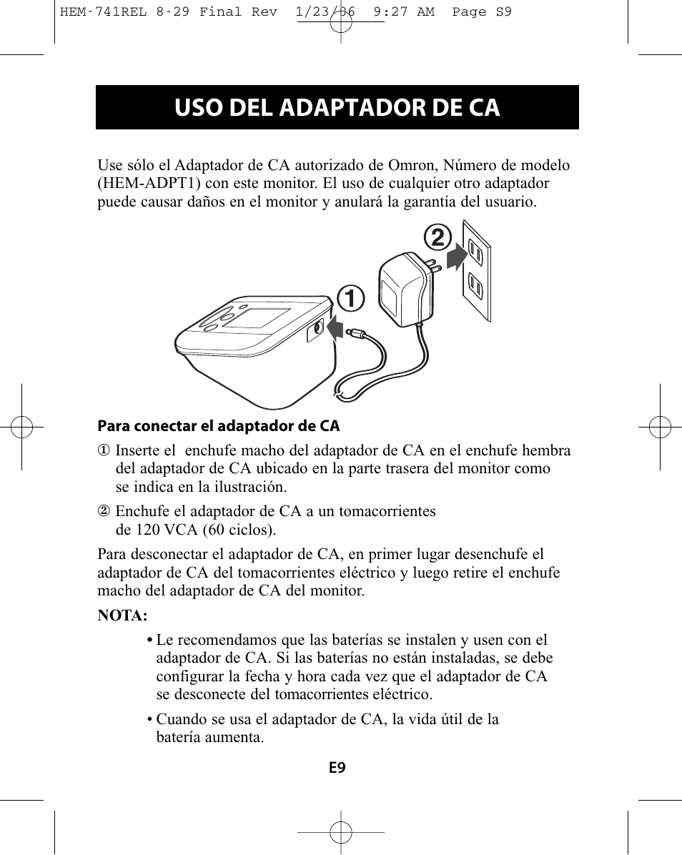 Uso del adaptador de ca | Omron Healthcare HEM-741CREL User Manual | Page 37 / 56