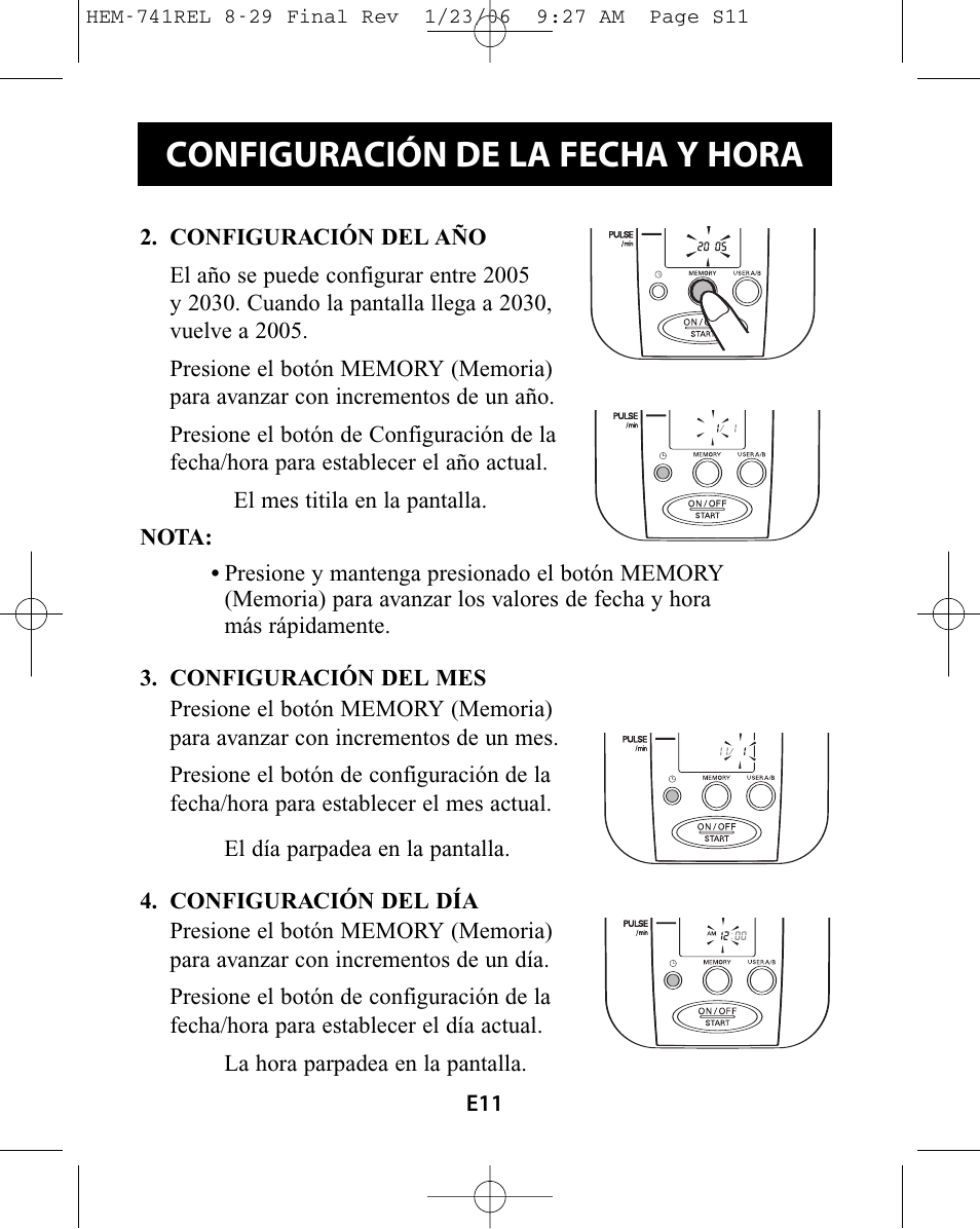 Configuración de la fecha y hora | Omron Healthcare HEM-741CREL User Manual | Page 39 / 56