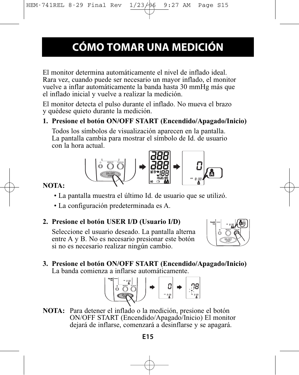 Cómo tomar una medición | Omron Healthcare HEM-741CREL User Manual | Page 43 / 56