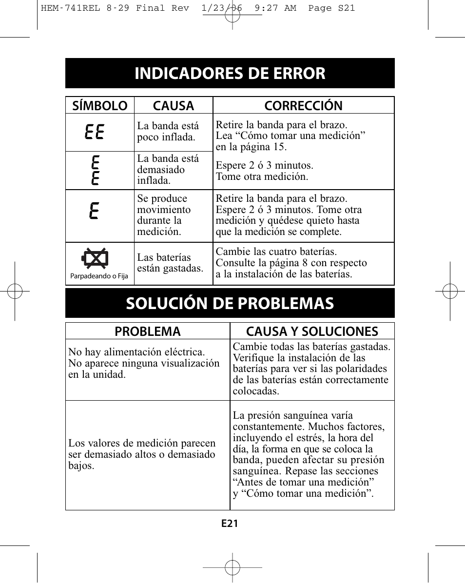 Indicadores de error, Solución de problemas | Omron Healthcare HEM-741CREL User Manual | Page 49 / 56
