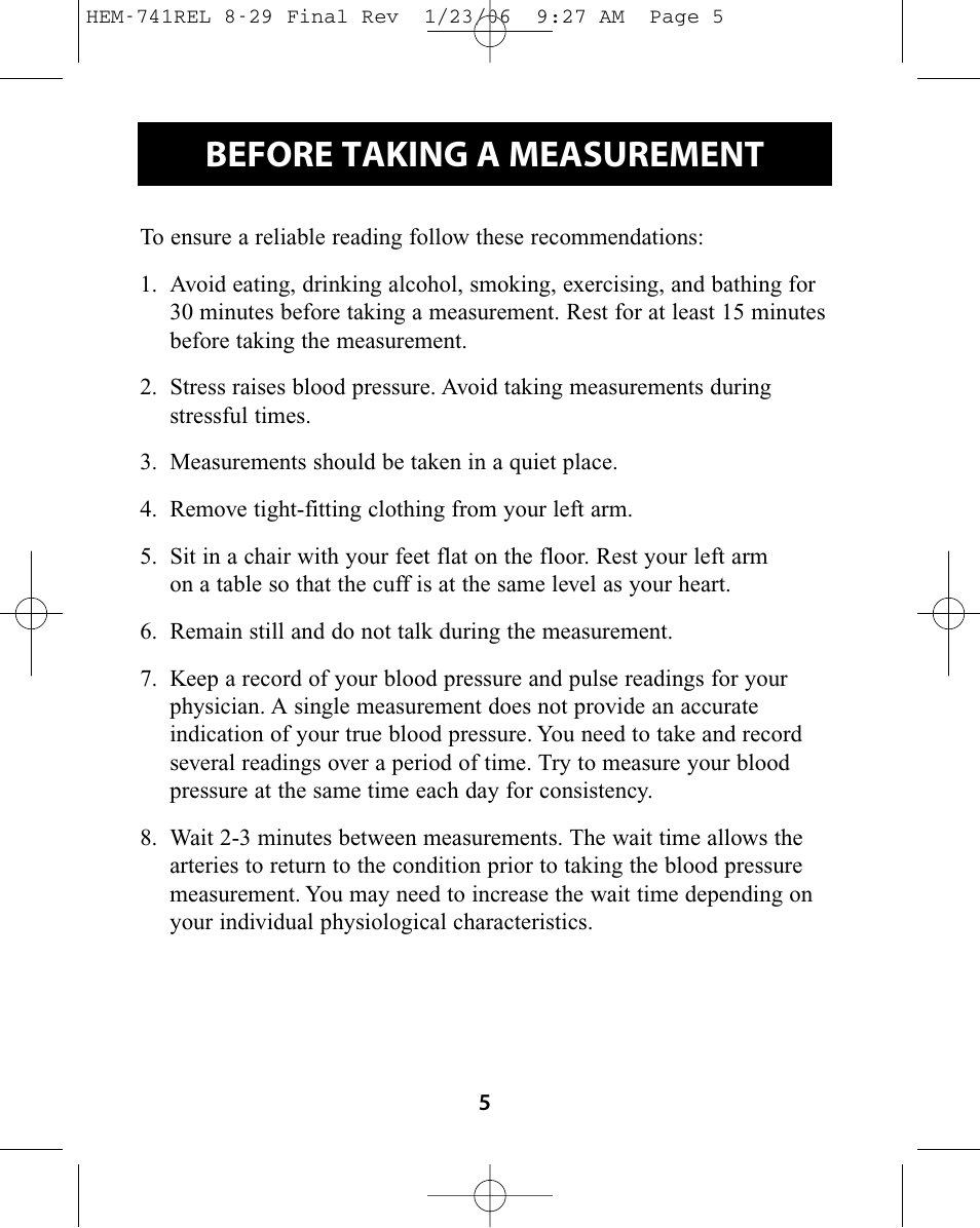 Before taking a measurement | Omron Healthcare HEM-741CREL User Manual | Page 5 / 56