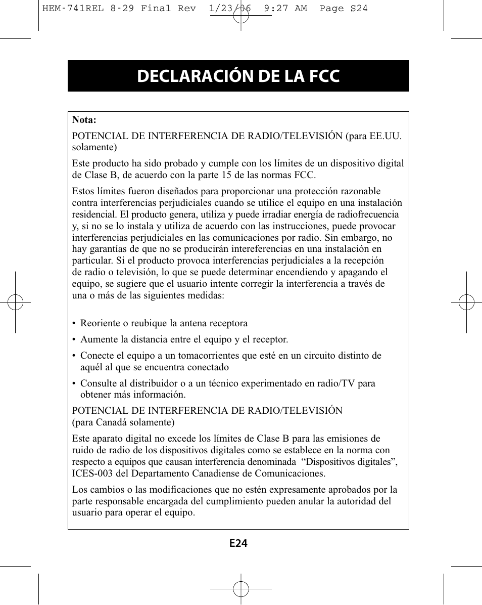Declaración de la fcc | Omron Healthcare HEM-741CREL User Manual | Page 52 / 56