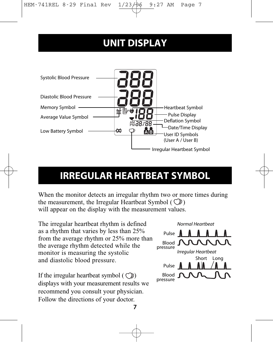 Unit display, Irregular heartbeat symbol | Omron Healthcare HEM-741CREL User Manual | Page 7 / 56