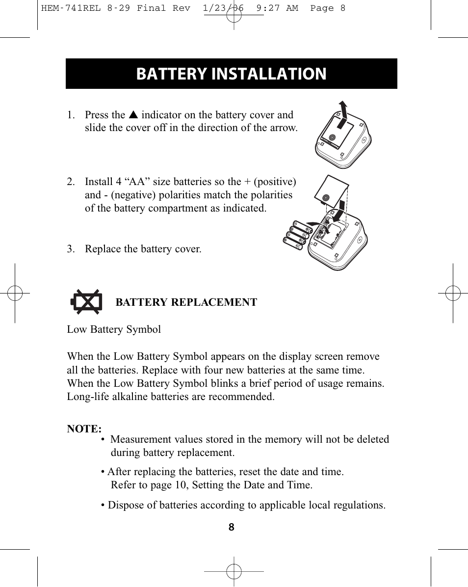 Battery installation | Omron Healthcare HEM-741CREL User Manual | Page 8 / 56