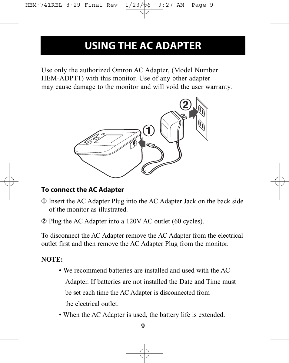 Using the ac adapter | Omron Healthcare HEM-741CREL User Manual | Page 9 / 56