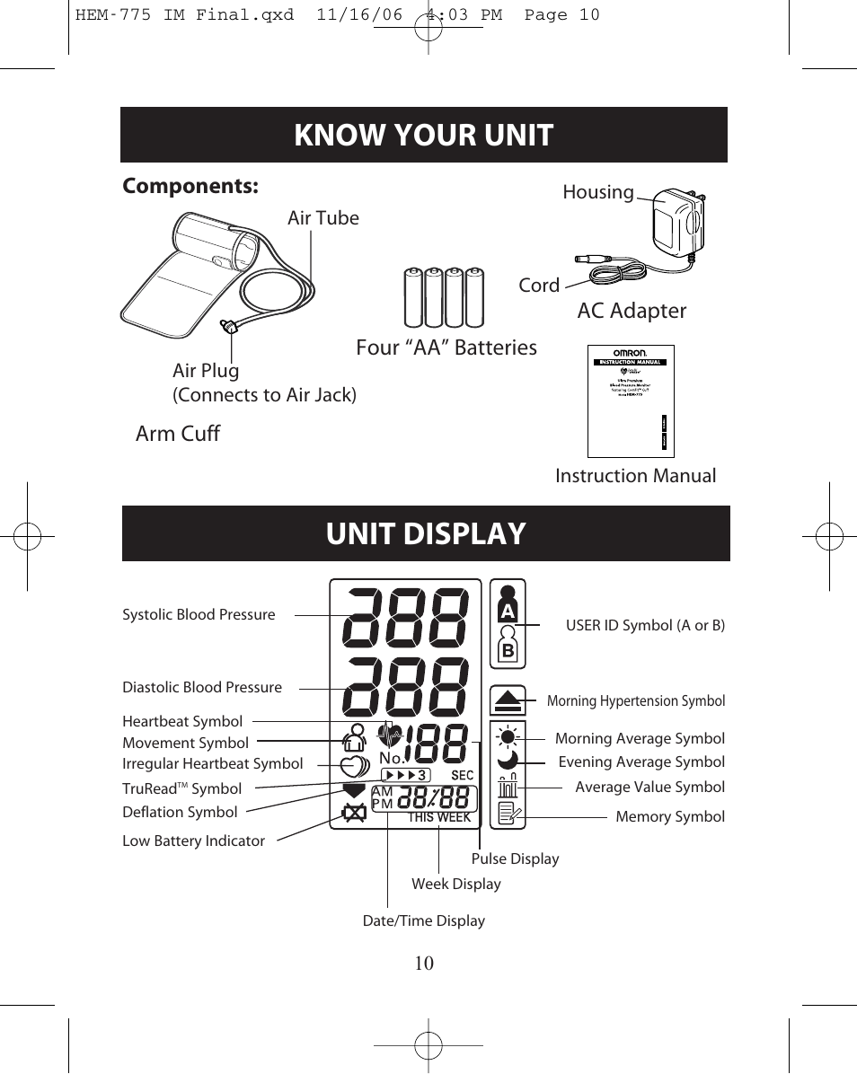 Unit display, Know your unit, Components: arm cuff | Ac adapter four “aa” batteries | Omron Healthcare INTELLISENSE HEM-775 User Manual | Page 10 / 52