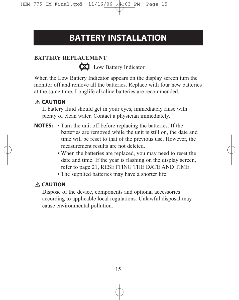 Battery installation | Omron Healthcare INTELLISENSE HEM-775 User Manual | Page 15 / 52