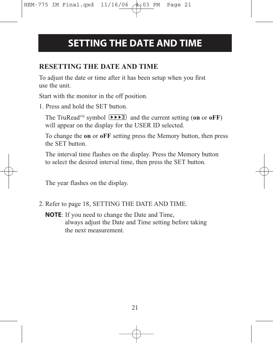 Setting the date and time | Omron Healthcare INTELLISENSE HEM-775 User Manual | Page 21 / 52