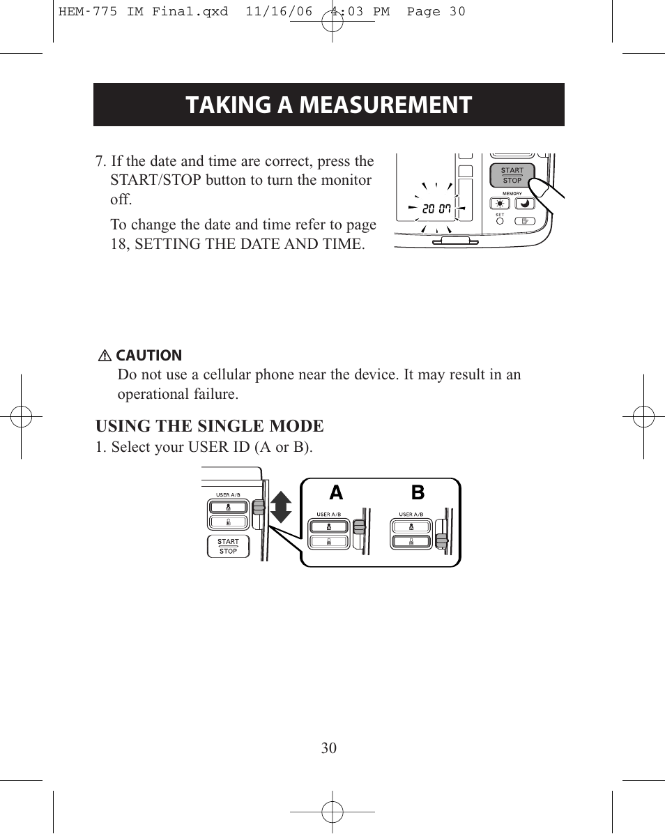 Using the single mode, Taking a measurement | Omron Healthcare INTELLISENSE HEM-775 User Manual | Page 30 / 52