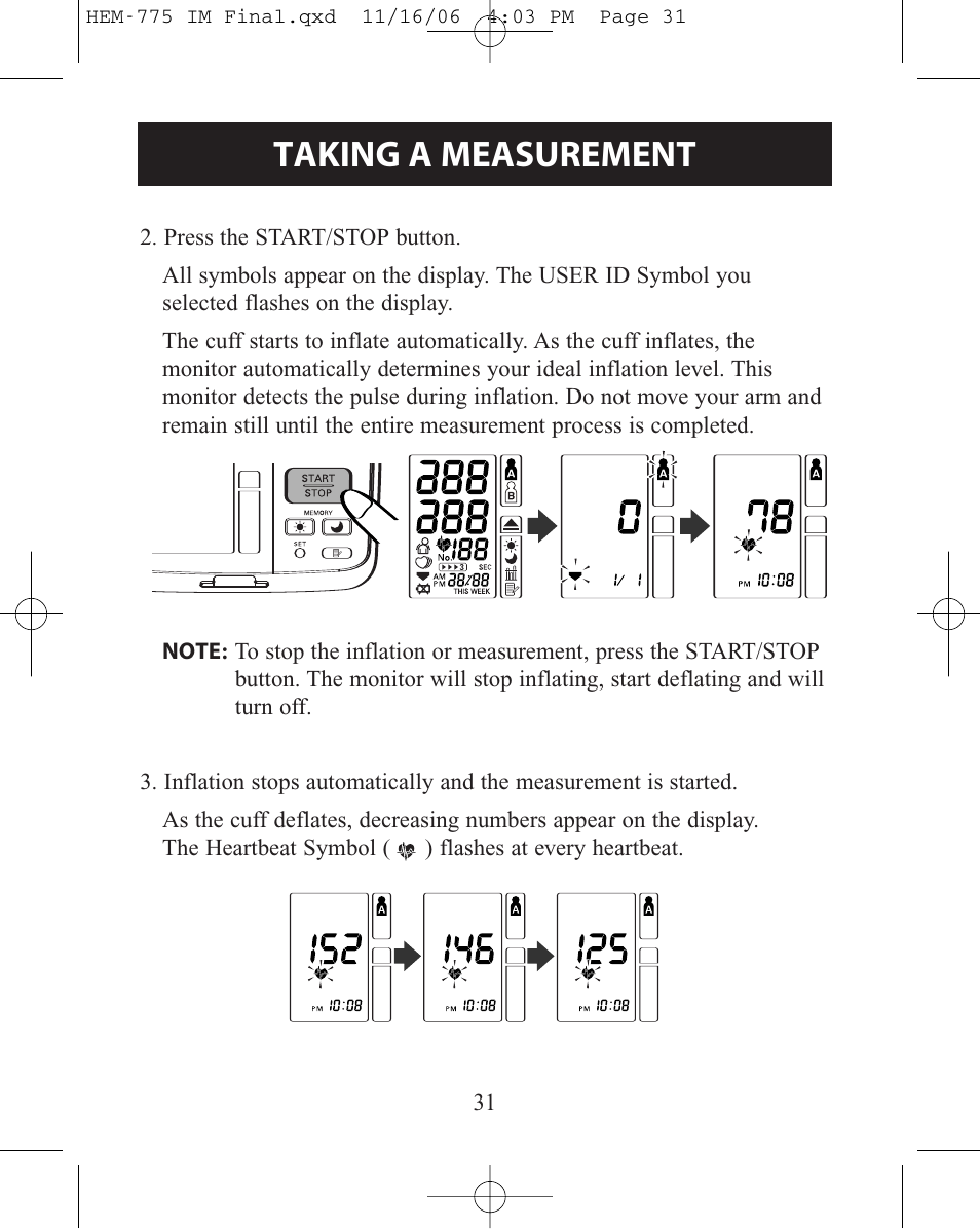 Taking a measurement | Omron Healthcare INTELLISENSE HEM-775 User Manual | Page 31 / 52