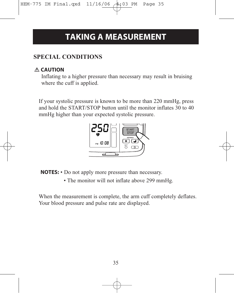 Special conditions, Taking a measurement | Omron Healthcare INTELLISENSE HEM-775 User Manual | Page 35 / 52