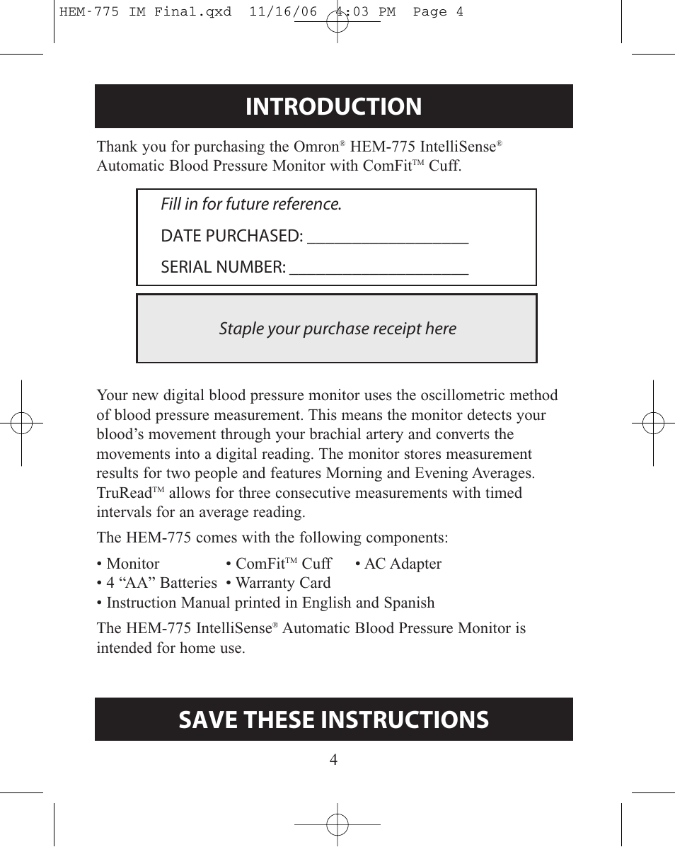 Before using the monitor, Introduction, Save these instructions | Omron Healthcare INTELLISENSE HEM-775 User Manual | Page 4 / 52