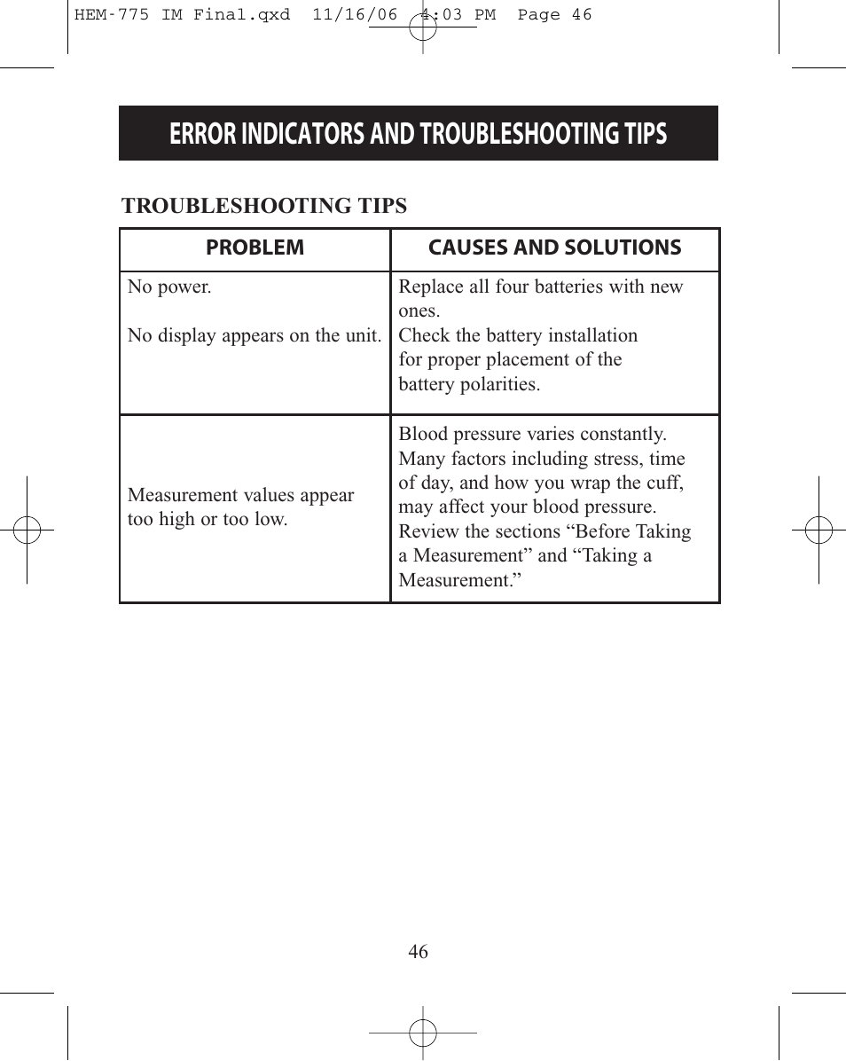Error indicators and troubleshooting tips | Omron Healthcare INTELLISENSE HEM-775 User Manual | Page 46 / 52