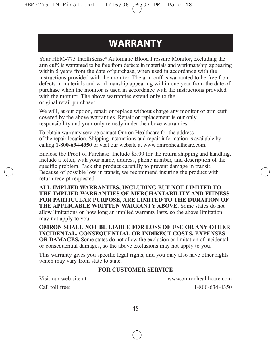 Warranty | Omron Healthcare INTELLISENSE HEM-775 User Manual | Page 48 / 52
