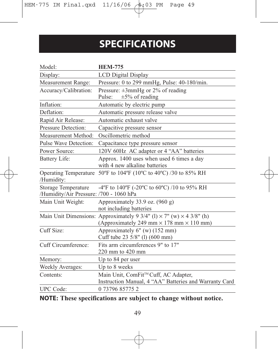 Specifications | Omron Healthcare INTELLISENSE HEM-775 User Manual | Page 49 / 52