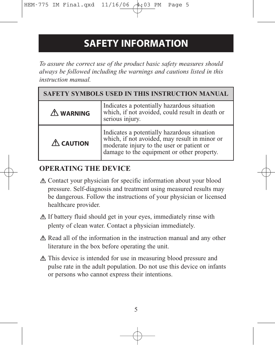 Safety information, Operating the device | Omron Healthcare INTELLISENSE HEM-775 User Manual | Page 5 / 52