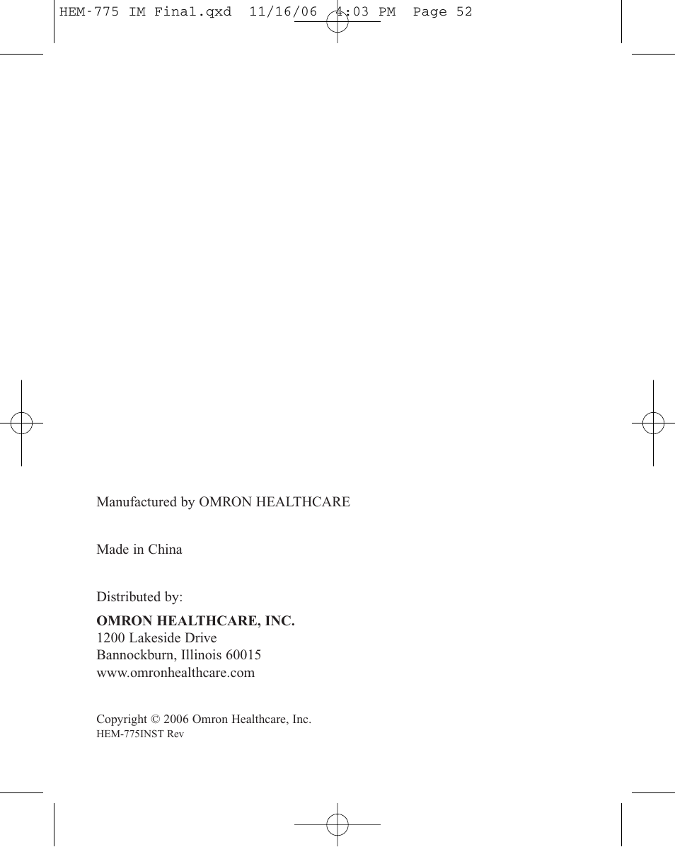 Omron Healthcare INTELLISENSE HEM-775 User Manual | Page 52 / 52