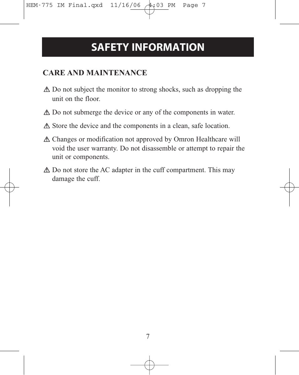 Care and maintenance, Safety information | Omron Healthcare INTELLISENSE HEM-775 User Manual | Page 7 / 52