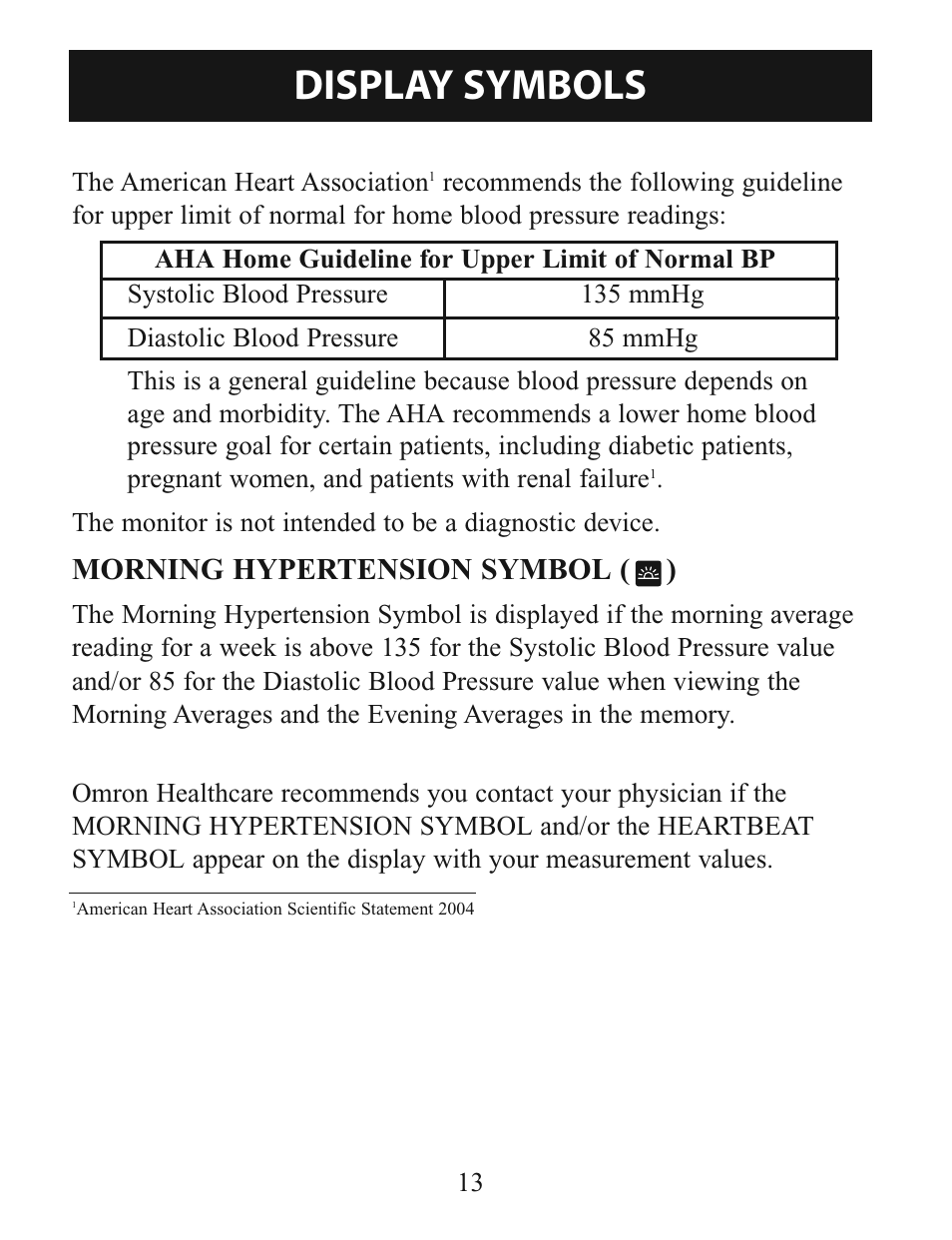 Display symbols, Morning hypertension symbol ( ) | Omron Healthcare BP785 User Manual | Page 13 / 50