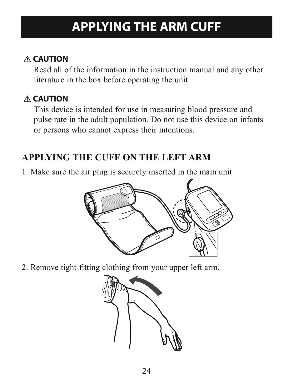 Applying the arm cuff | Omron Healthcare BP785 User Manual | Page 24 / 50