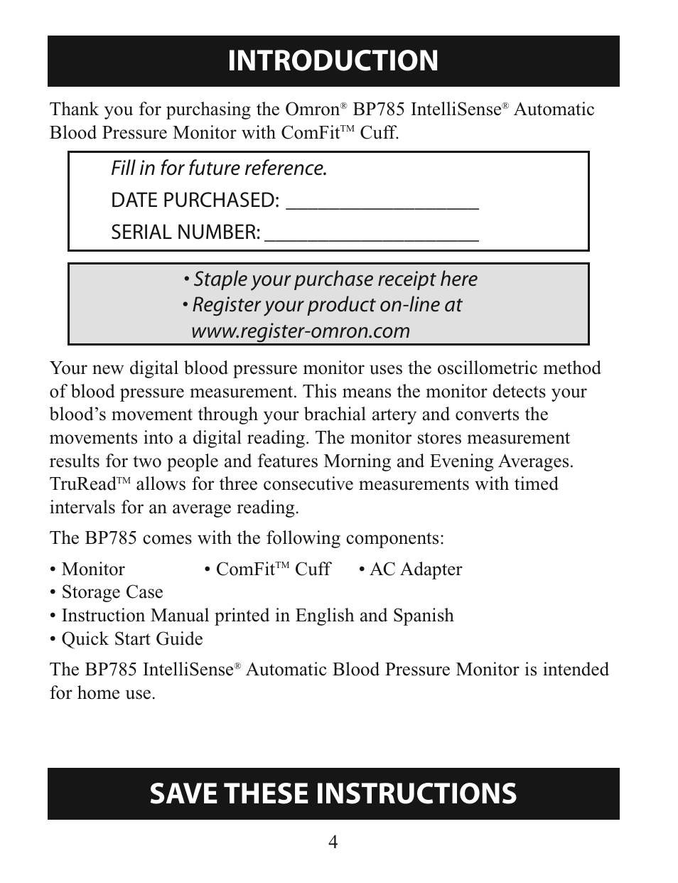 Introduction, Save these instructions, Before using the monitor | Omron Healthcare BP785 User Manual | Page 4 / 50