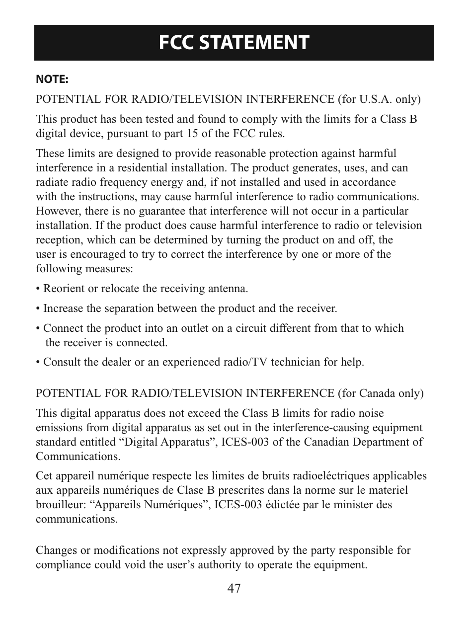 Fcc statement | Omron Healthcare BP785 User Manual | Page 47 / 50