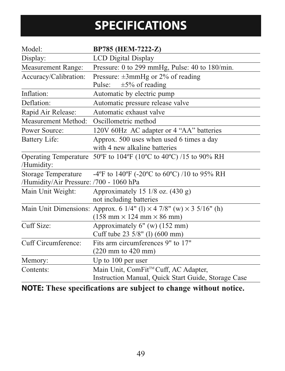 Specifications | Omron Healthcare BP785 User Manual | Page 49 / 50
