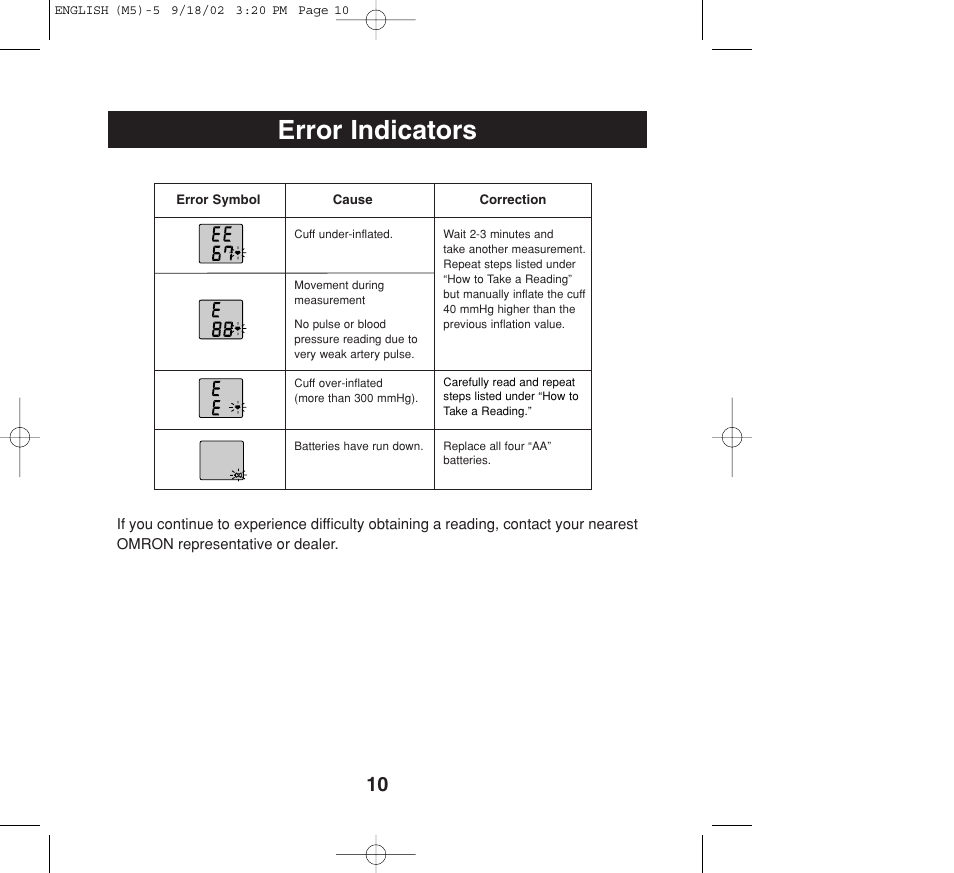 Error indicators | Omron Healthcare M5 User Manual | Page 10 / 12