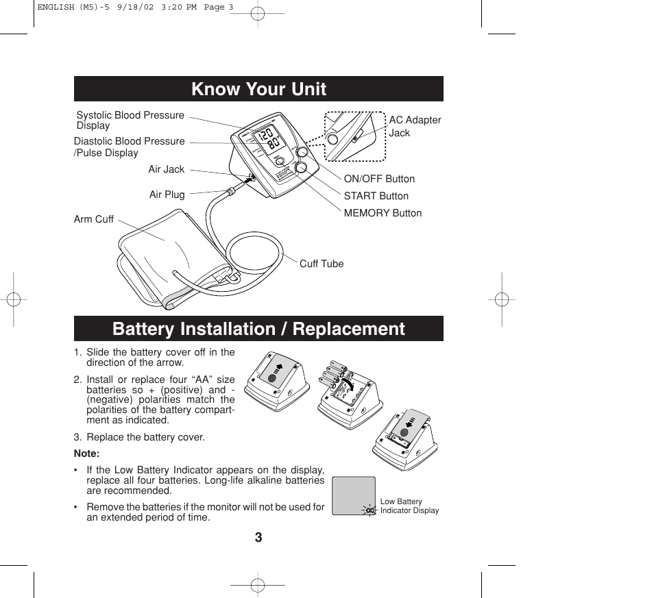 Know your unit, Battery installation / replacement | Omron Healthcare M5 User Manual | Page 3 / 12