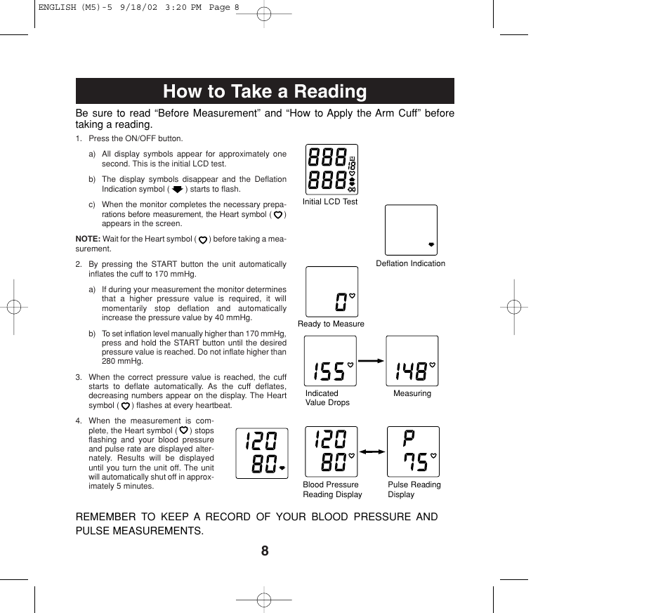 How to take a reading | Omron Healthcare M5 User Manual | Page 8 / 12