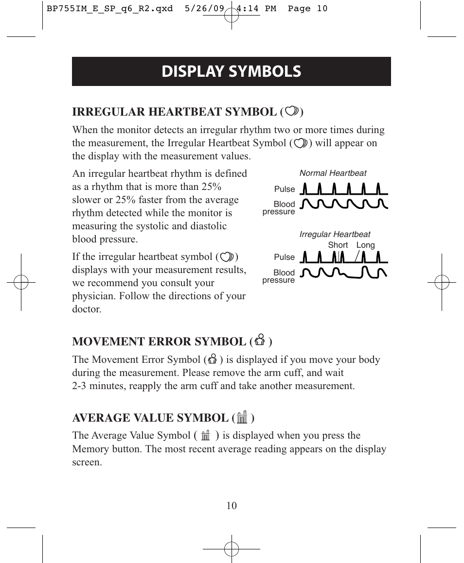 Display symbols | Omron Healthcare INTELLISENSE BP755 User Manual | Page 10 / 36