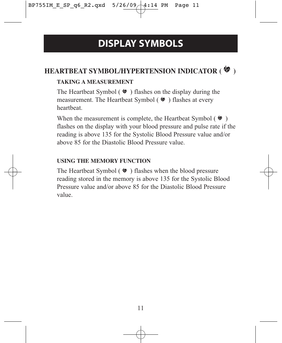 Display symbols | Omron Healthcare INTELLISENSE BP755 User Manual | Page 11 / 36