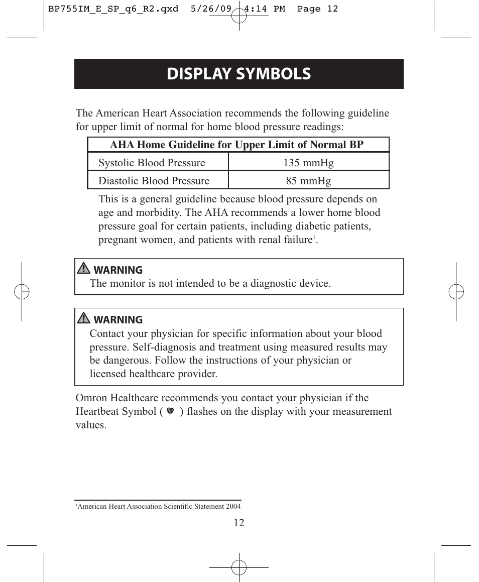 Display symbols | Omron Healthcare INTELLISENSE BP755 User Manual | Page 12 / 36