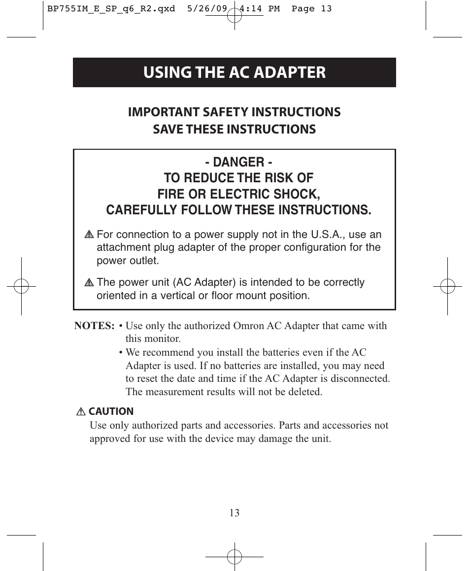 Using the ac adapter | Omron Healthcare INTELLISENSE BP755 User Manual | Page 13 / 36