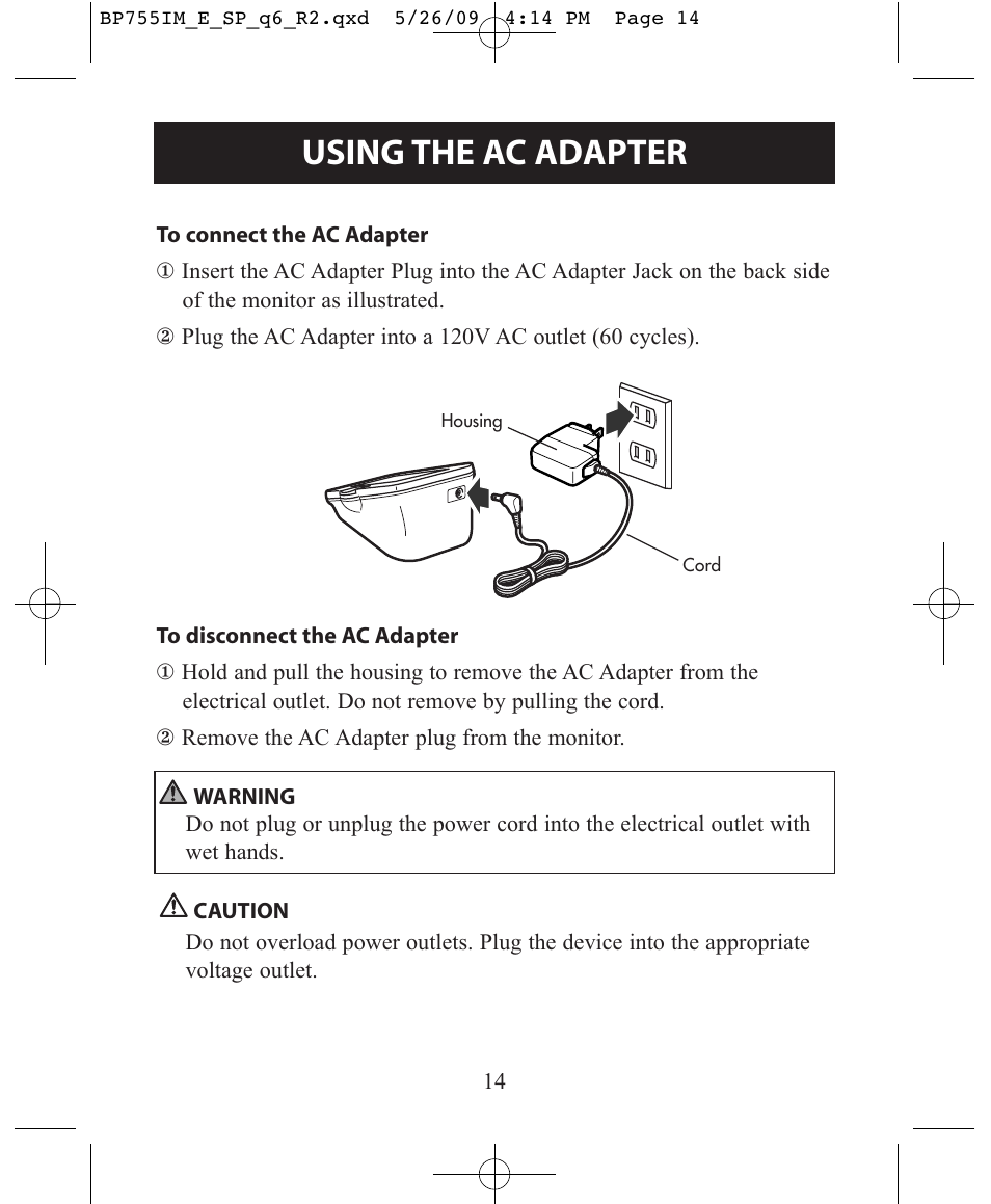 Using the ac adapter | Omron Healthcare INTELLISENSE BP755 User Manual | Page 14 / 36