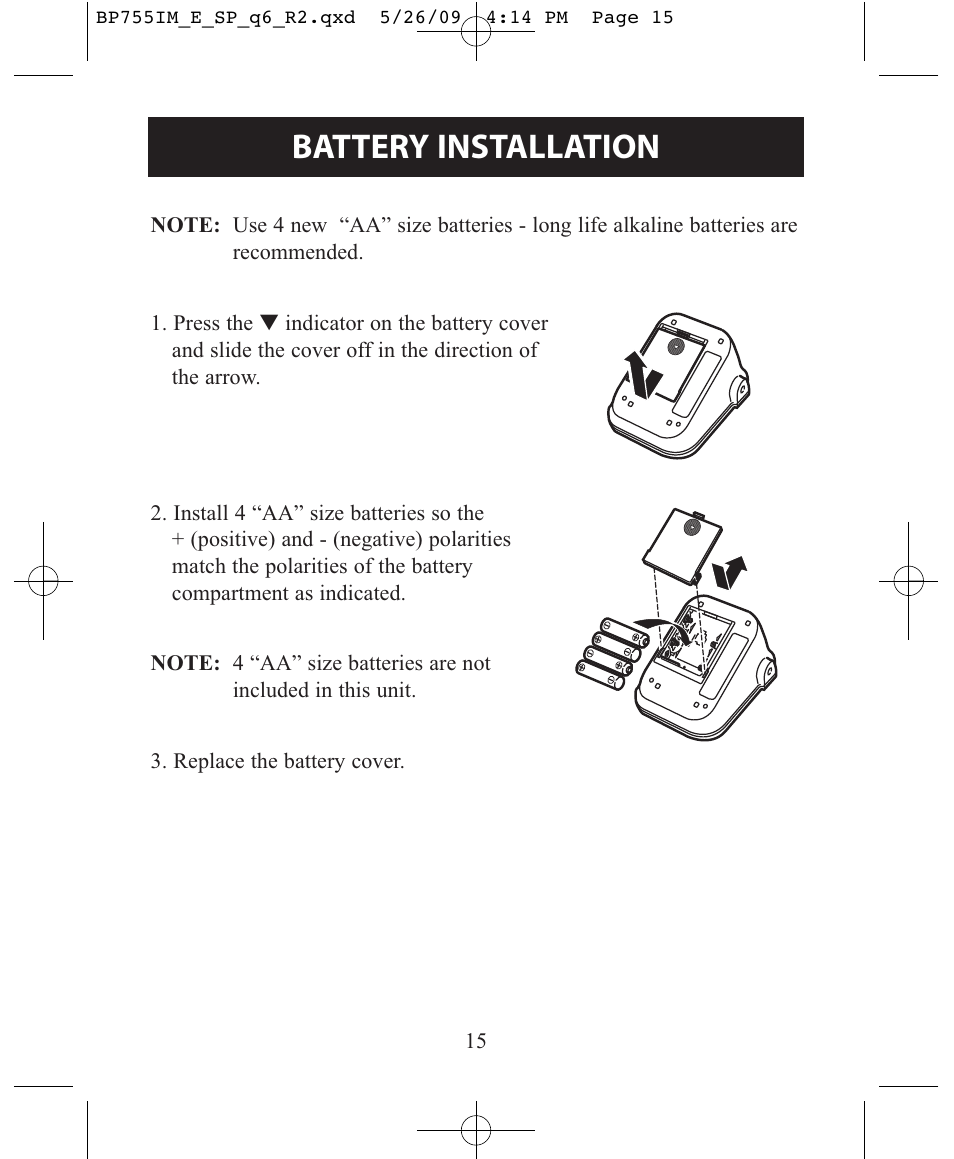 Battery installation | Omron Healthcare INTELLISENSE BP755 User Manual | Page 15 / 36