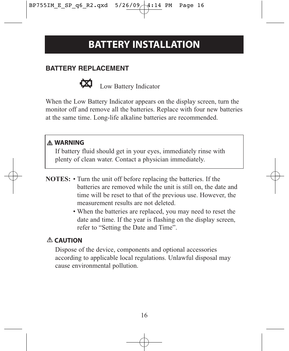 Battery installation | Omron Healthcare INTELLISENSE BP755 User Manual | Page 16 / 36