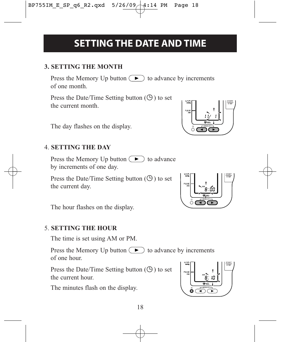 Setting the date and time | Omron Healthcare INTELLISENSE BP755 User Manual | Page 18 / 36