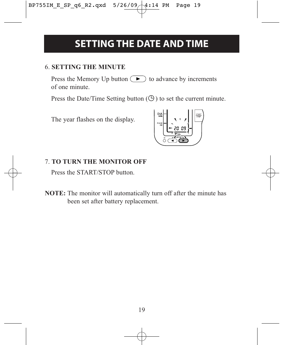 Setting the date and time | Omron Healthcare INTELLISENSE BP755 User Manual | Page 19 / 36