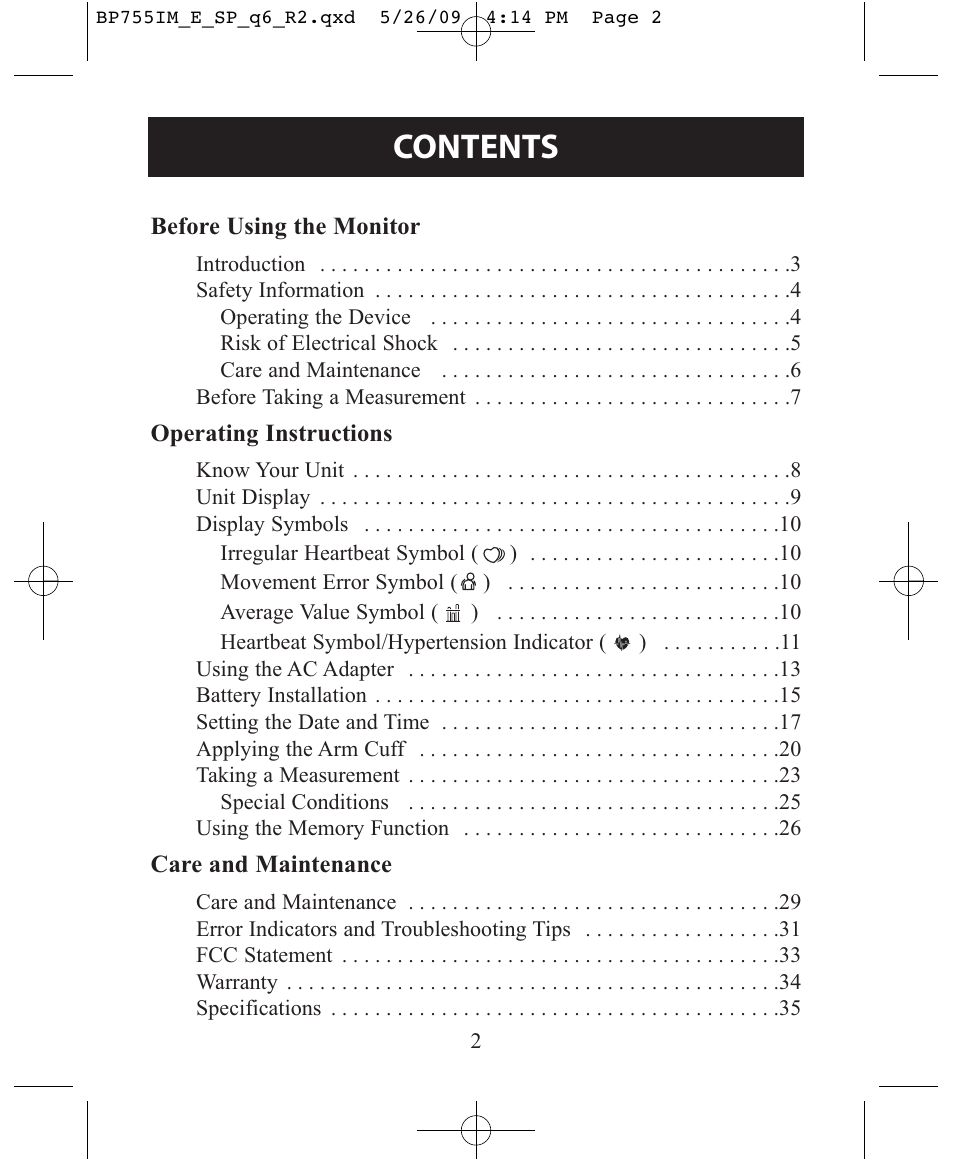 Omron Healthcare INTELLISENSE BP755 User Manual | Page 2 / 36