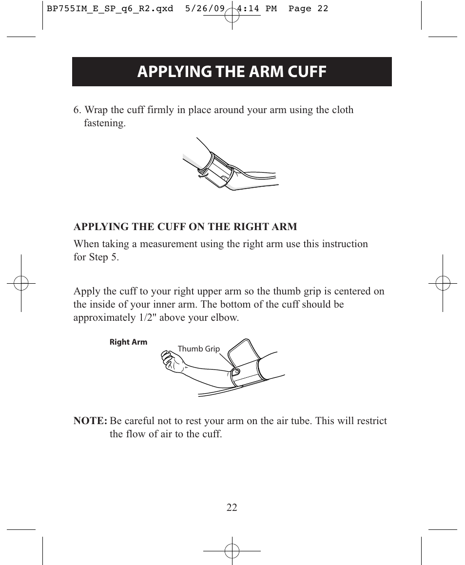 Applying the arm cuff | Omron Healthcare INTELLISENSE BP755 User Manual | Page 22 / 36