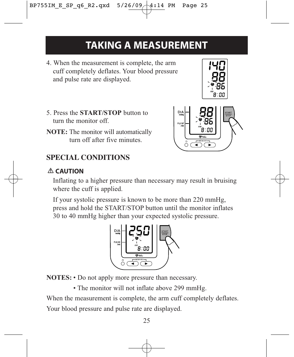 Taking a measurement, Special conditions | Omron Healthcare INTELLISENSE BP755 User Manual | Page 25 / 36